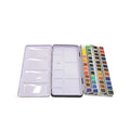 Three-fold tinplate watercolour paint box showing folding mechanism and square shape
