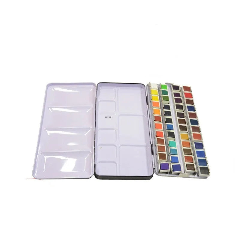 Three-fold tinplate watercolour paint box showing folding mechanism and square shape