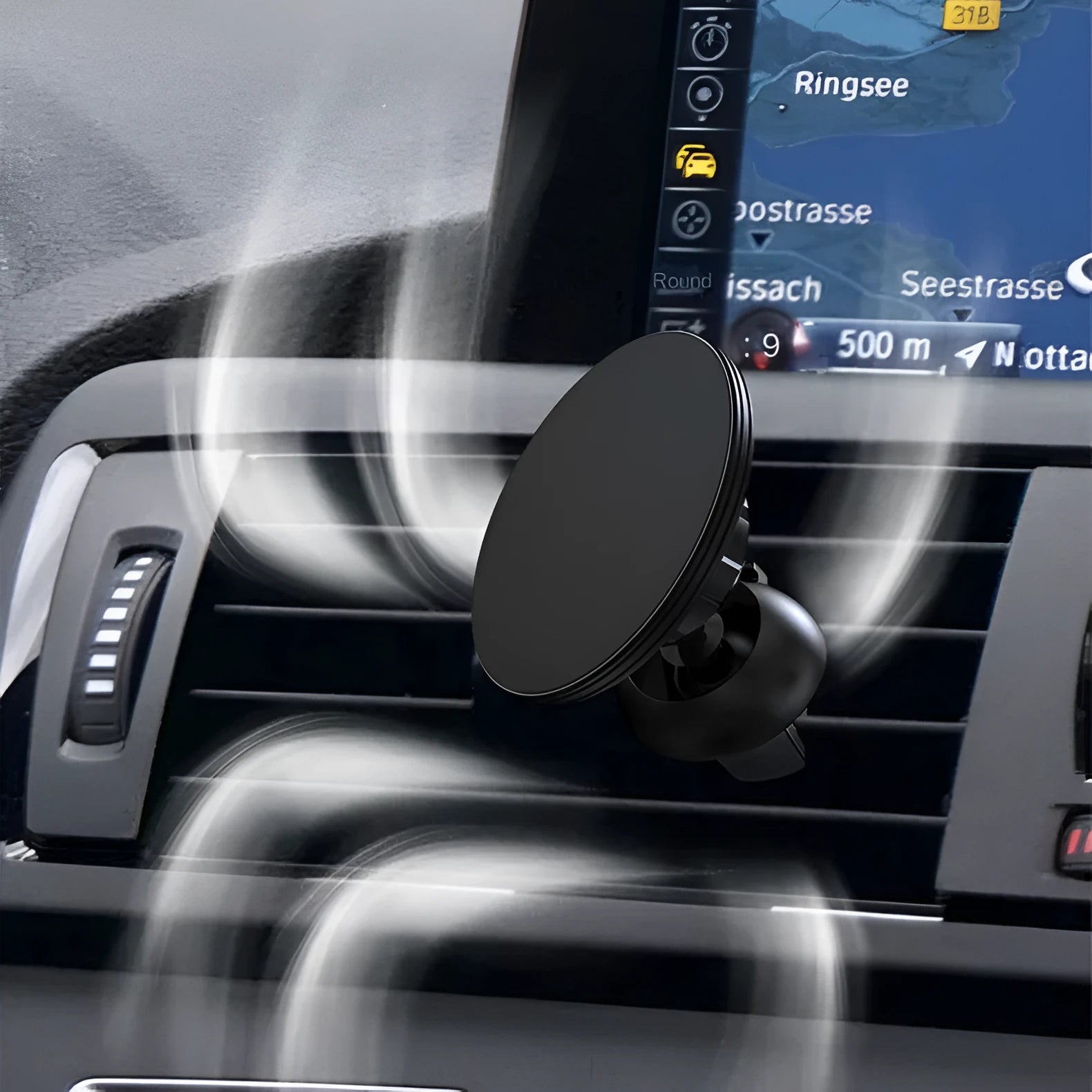 Black aluminium alloy magnetic car air vent phone holder mounted on a vehicle dashboard