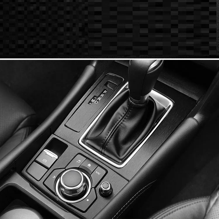 Car interior modification sticker kit for dashboard and centre console customisation with carbon fibre pattern