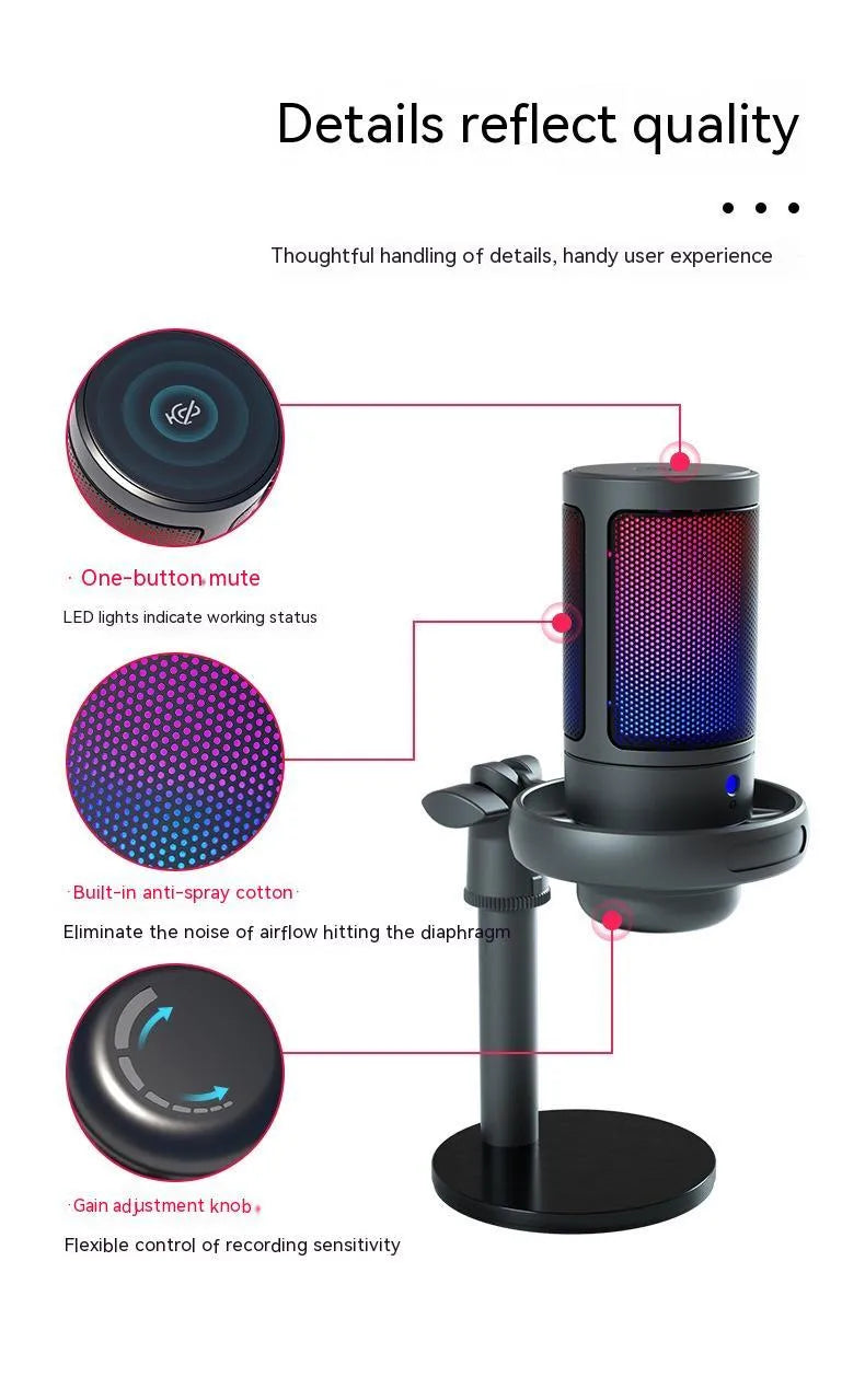 RGB condenser USB microphone in black, white, or pink colour with a 150cm cable.