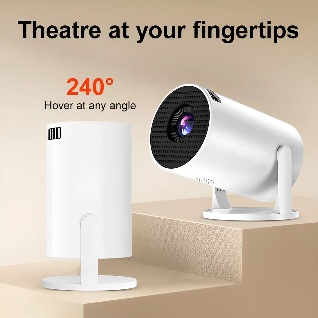 White mini wireless portable HD projector with power plugs for EU, UK and US regions.