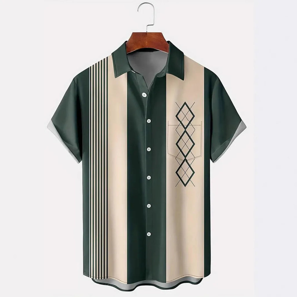 Man wearing a loose fit, short sleeve plaid cardigan shirt with a lapel collar.