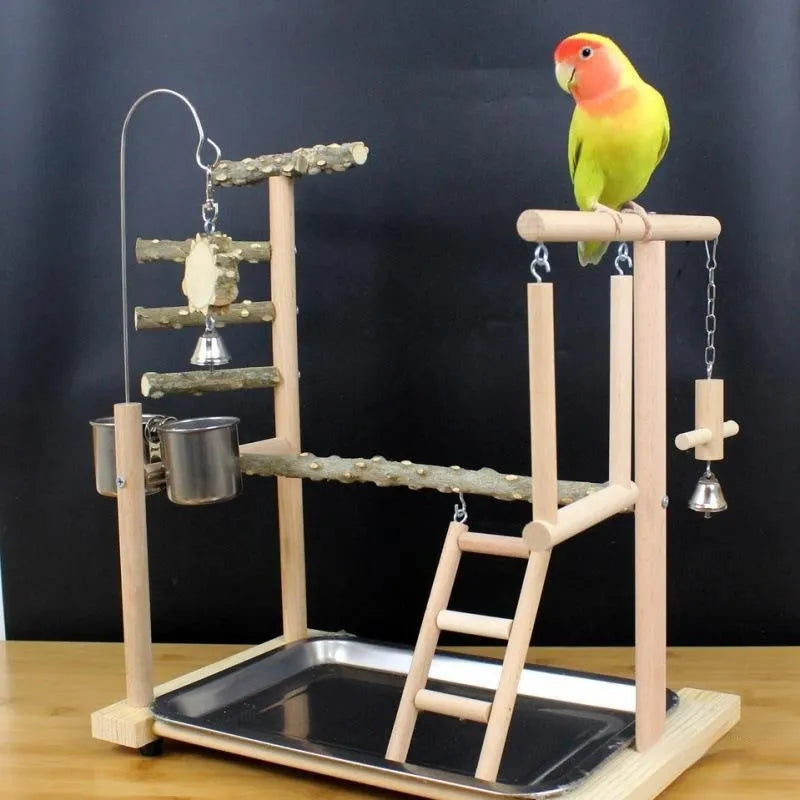 Parrot play stand with Pepper Wood pole and multiple metal platforms.