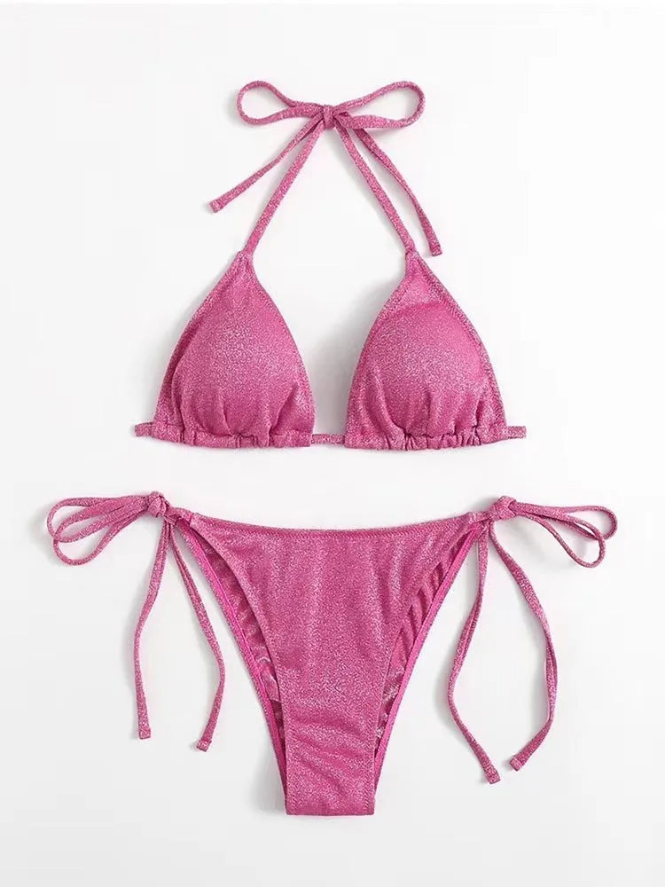 Women's bandage style bikini swimsuit in multiple colours with size chart.