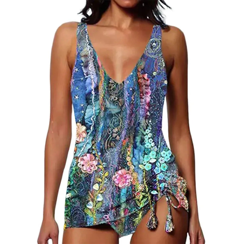 Women's printed split swimsuit with triangle bikini top and high-waisted briefs