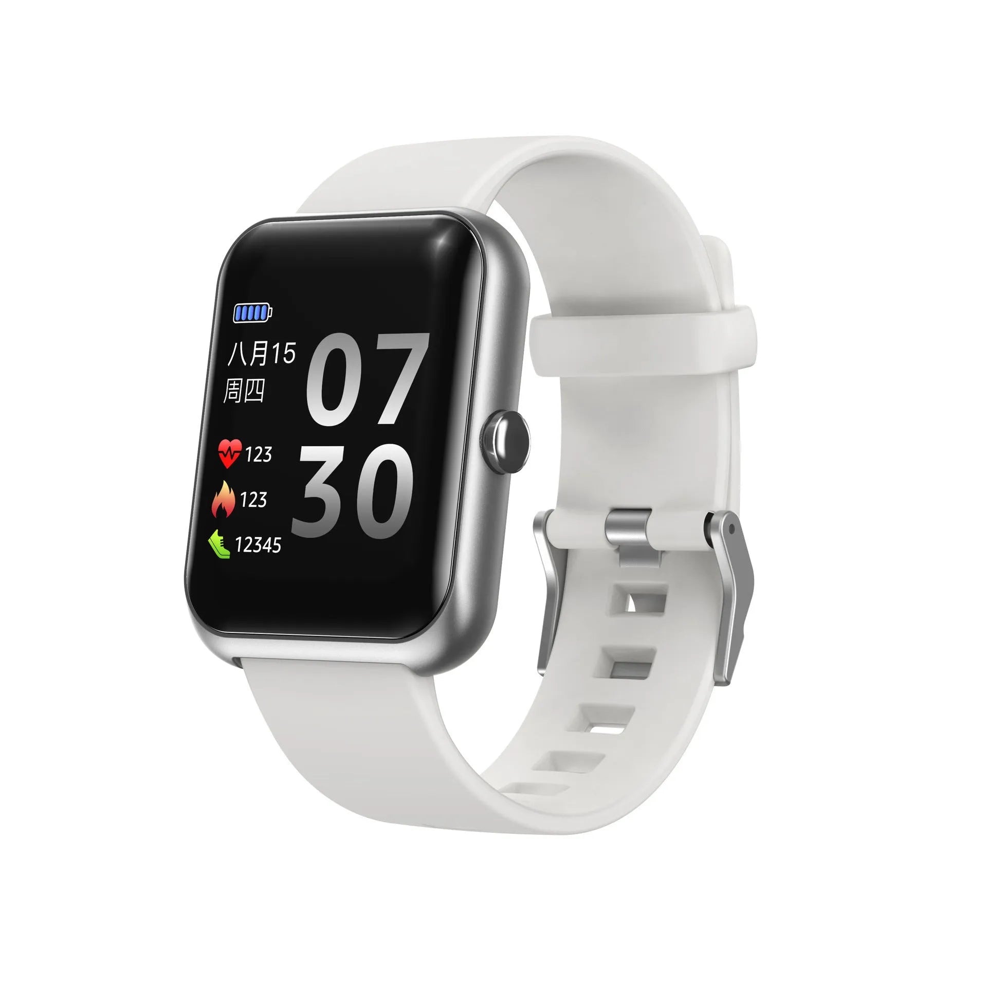 Square black Bluetooth sports watch with silicone strap on a wrist