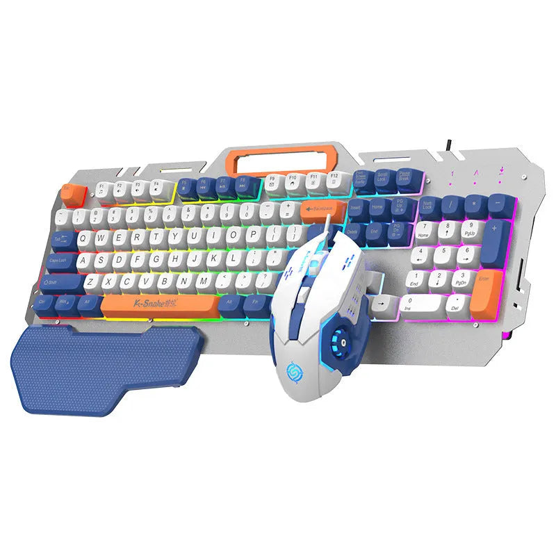Blue wired gaming keyboard and mouse set with 1.5 metre cable on desk