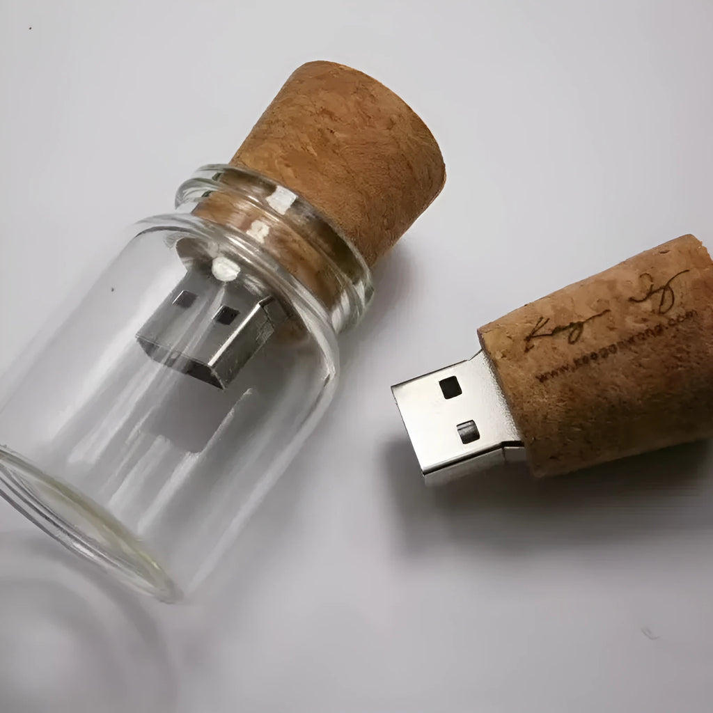 Transparent drift bottle USB flash drive with wooden stopper cap measuring 60mm tall