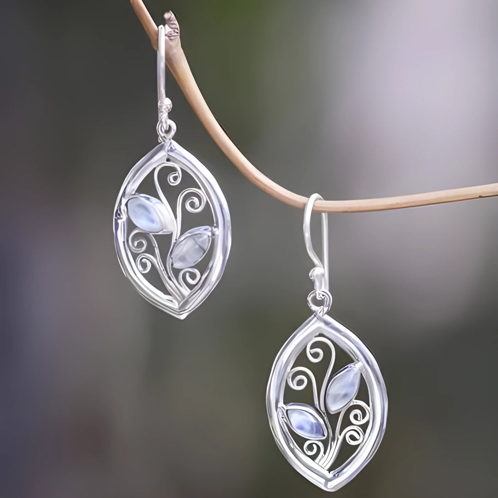 Women's silver leaf earrings with colourful embedded moonstones and alloy construction