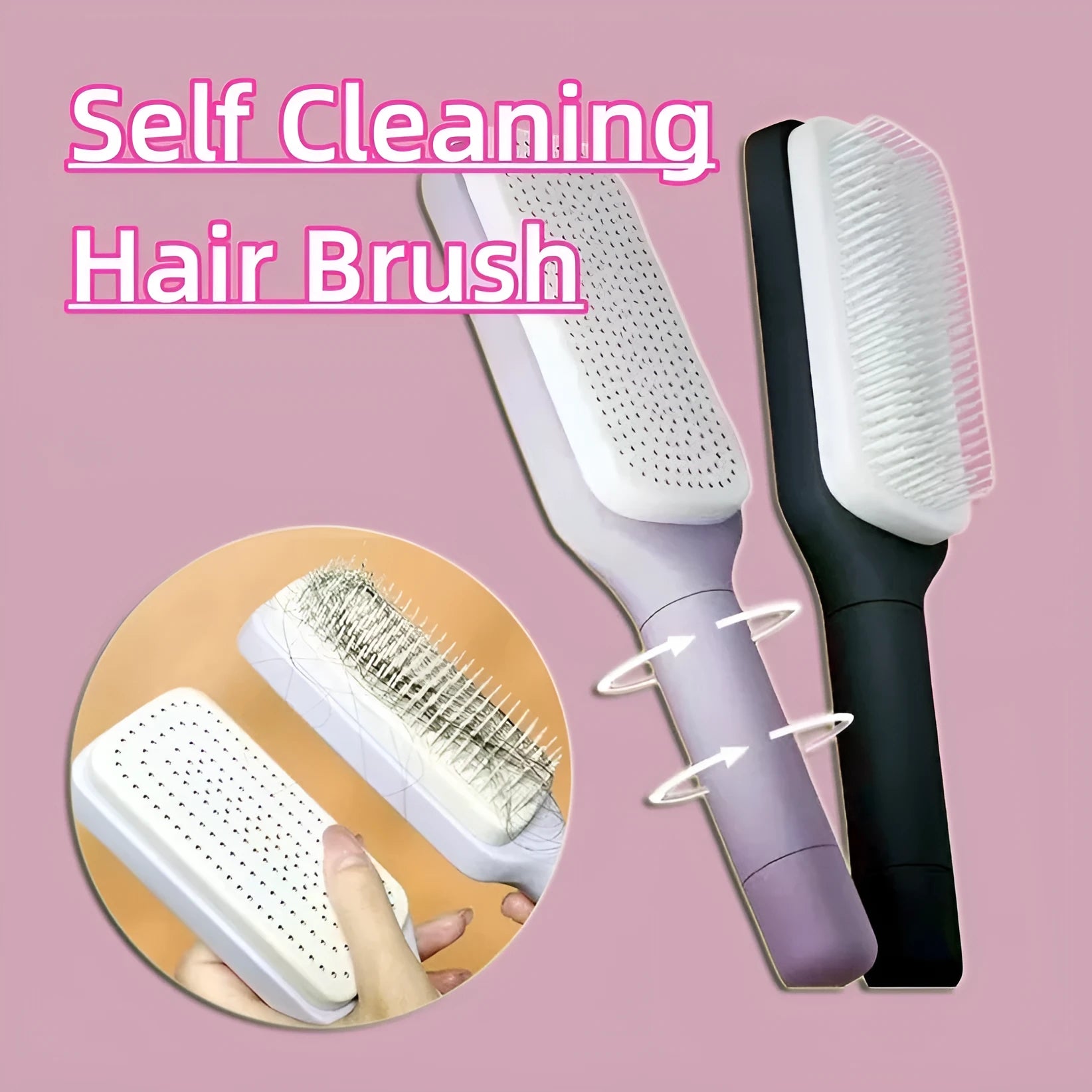 Self-cleaning hair brush with rotating handle in Roland purple colour showing ergonomic plastic design