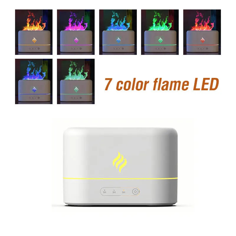 Black or white USB aroma diffuser humidifier with seven-colour flame effect display.