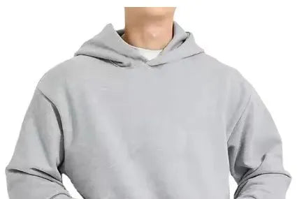 A man's grey fleece-lined pullover sweatshirt with long sleeves, shown on a hanger.