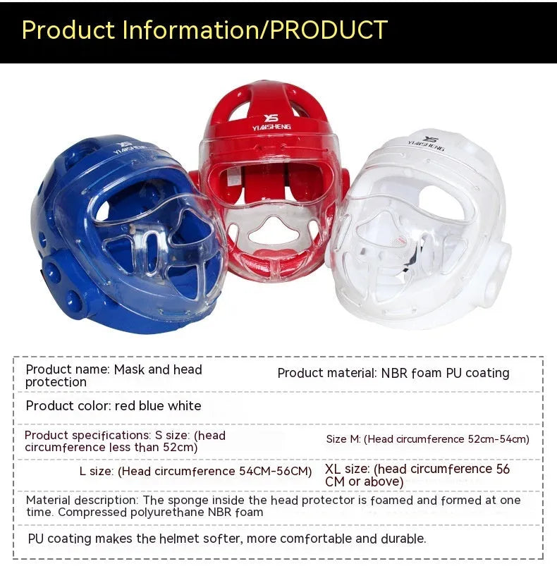 Karate training helmet for boxing head protection shown in blue, red, and white colours