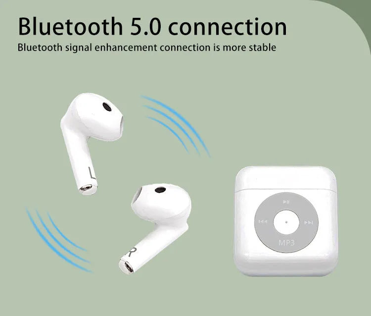 White wireless Bluetooth earphones with semi-in-ear design and a matching charging case on a white background.