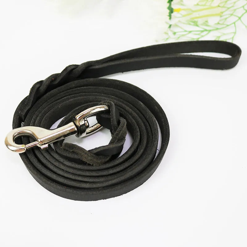 Cowhide leather dog walking lead in black or light brown, 120cm to 260cm long and 1.2cm wide.