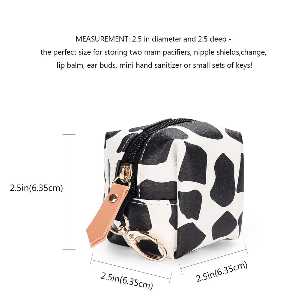 Baby pacifier holder case with PU leather outer and nylon lining, 10cm diameter, holds 2 pacifiers