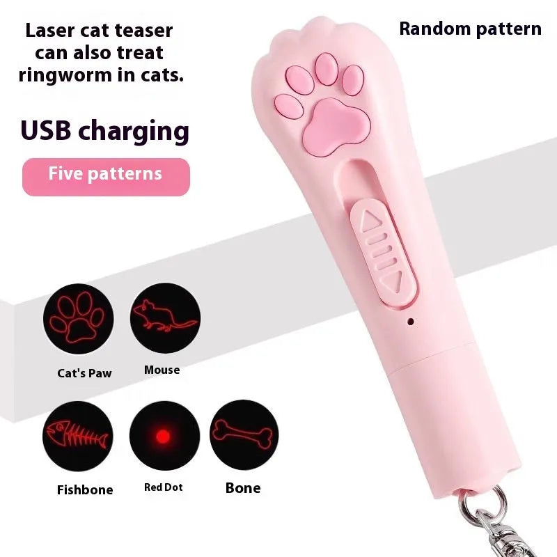 USB rechargeable cat teaser wand with LED lights in pink, cream, or sky blue