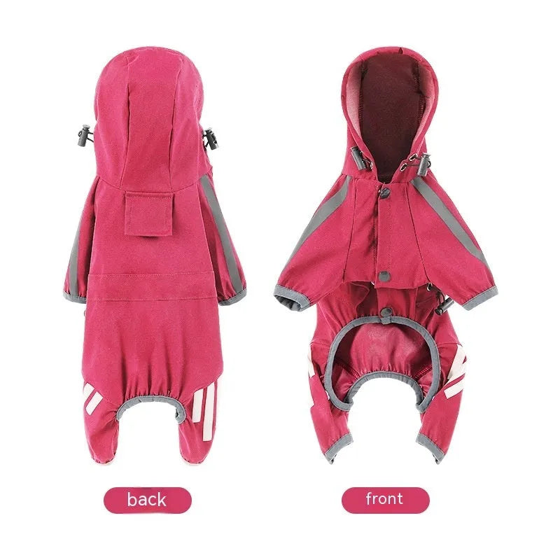 Big dog raincoat cape-style with reflective stripe in pink, blue, yellow, or purple, sizes S to XXL.