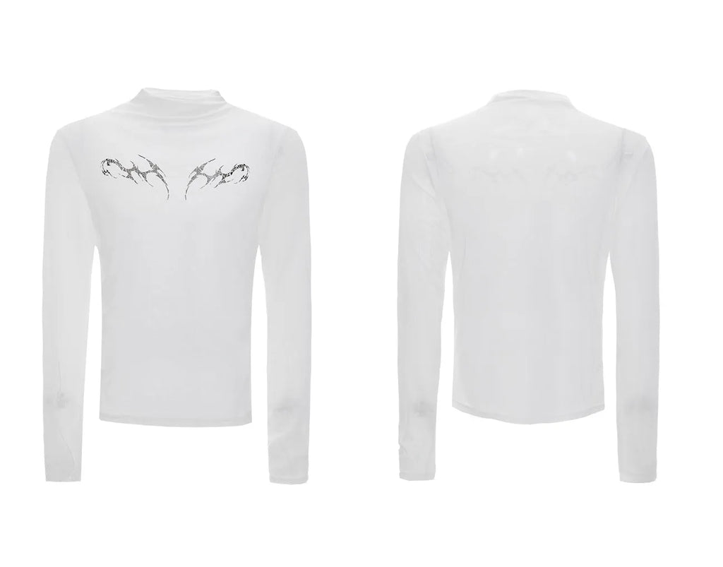 Mesh ice-feeling slim bottoming shirt in black or white with long sleeves and close-fitting Asian sizing