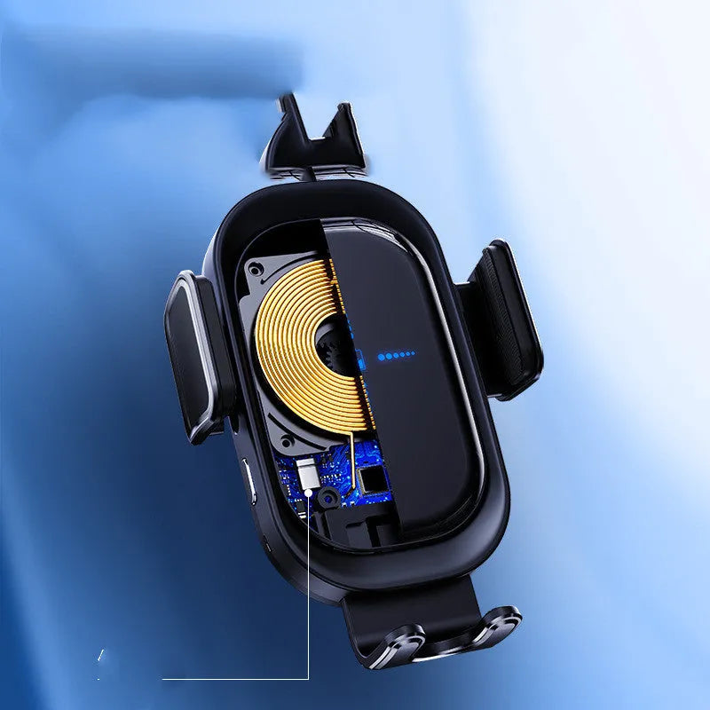 Black 08 Induction Car Wireless Charger with adjustable arms and Type-C input on dashboard mount