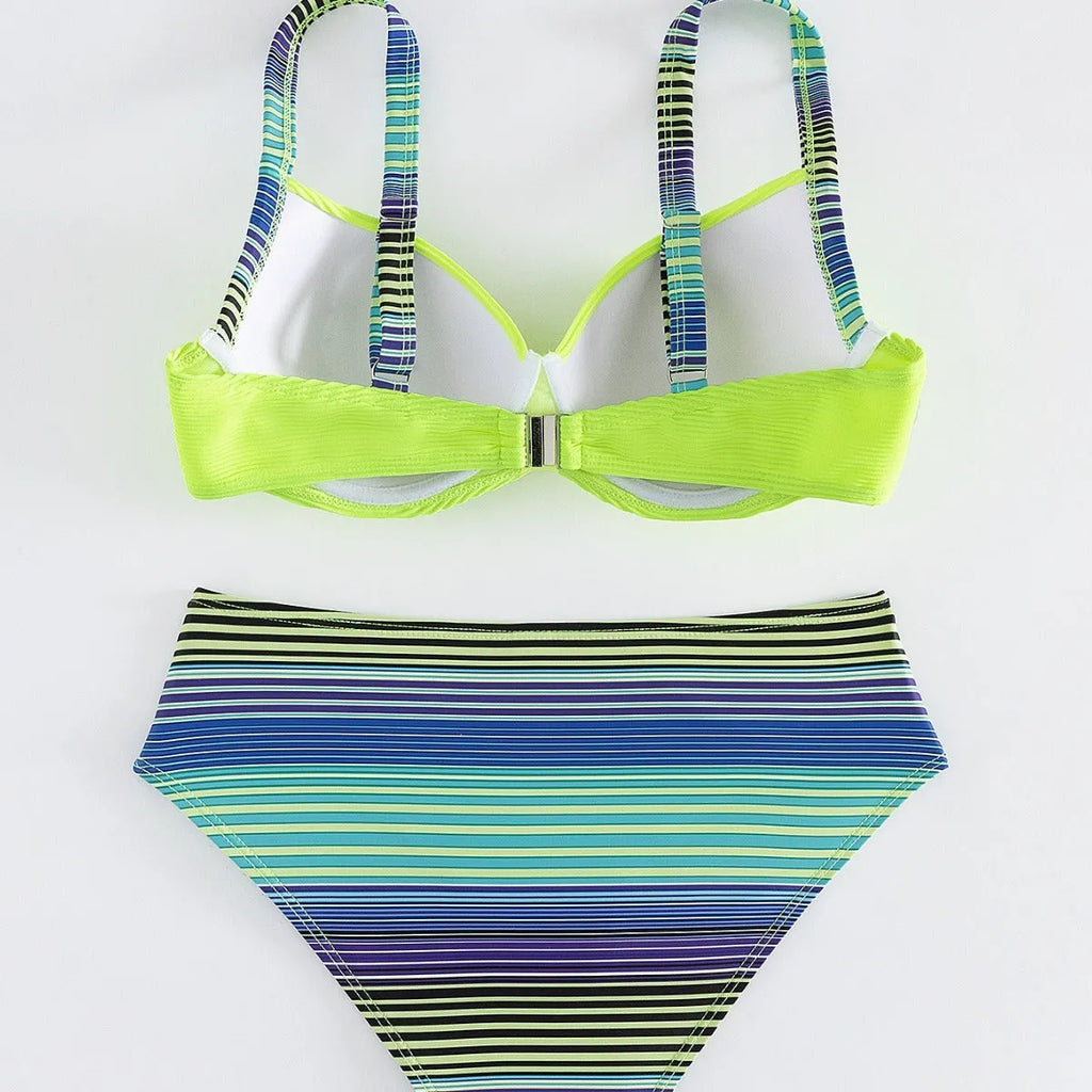 Green women's halter neck bikini set with split briefs, shown as a two-piece swimwear.