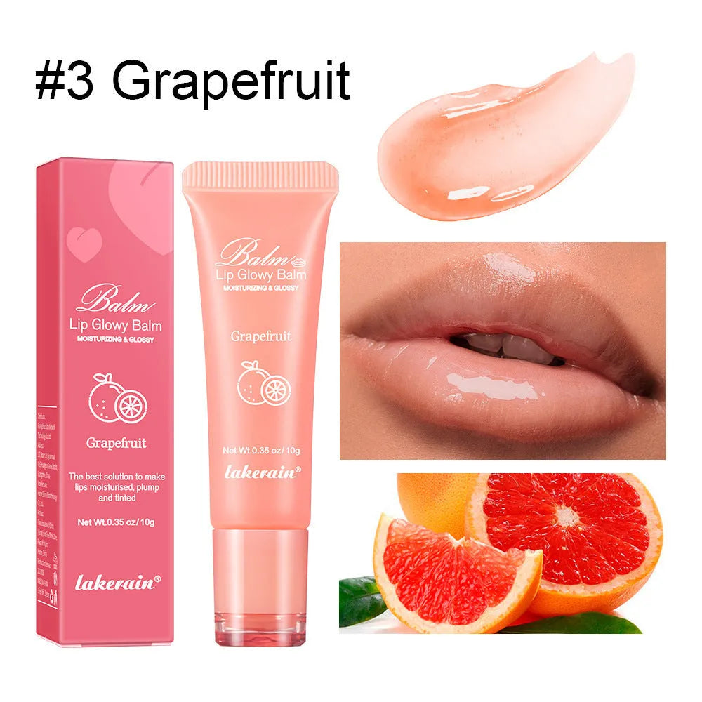 Women's lip gloss in berry, grape, grapefruit, and yellow peach flavours for a natural look.