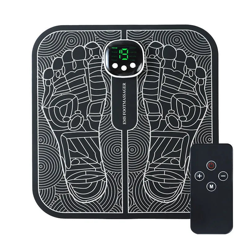 Blue square foot massage mat with USB charging cable and remote control for reflexology therapy