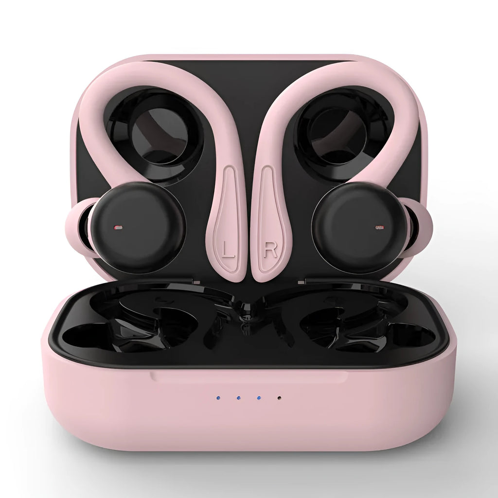 True wireless hanging ear sports headphones with removable ear hooks and charging case in black