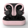 True wireless hanging ear sports headphones with removable ear hooks and charging case in black