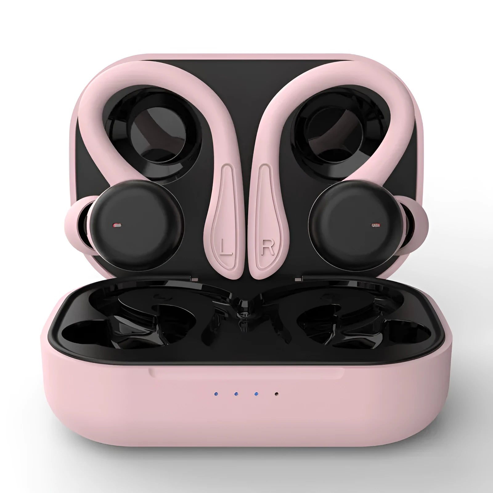 True wireless hanging ear sports headphones with removable ear hooks and charging case in black