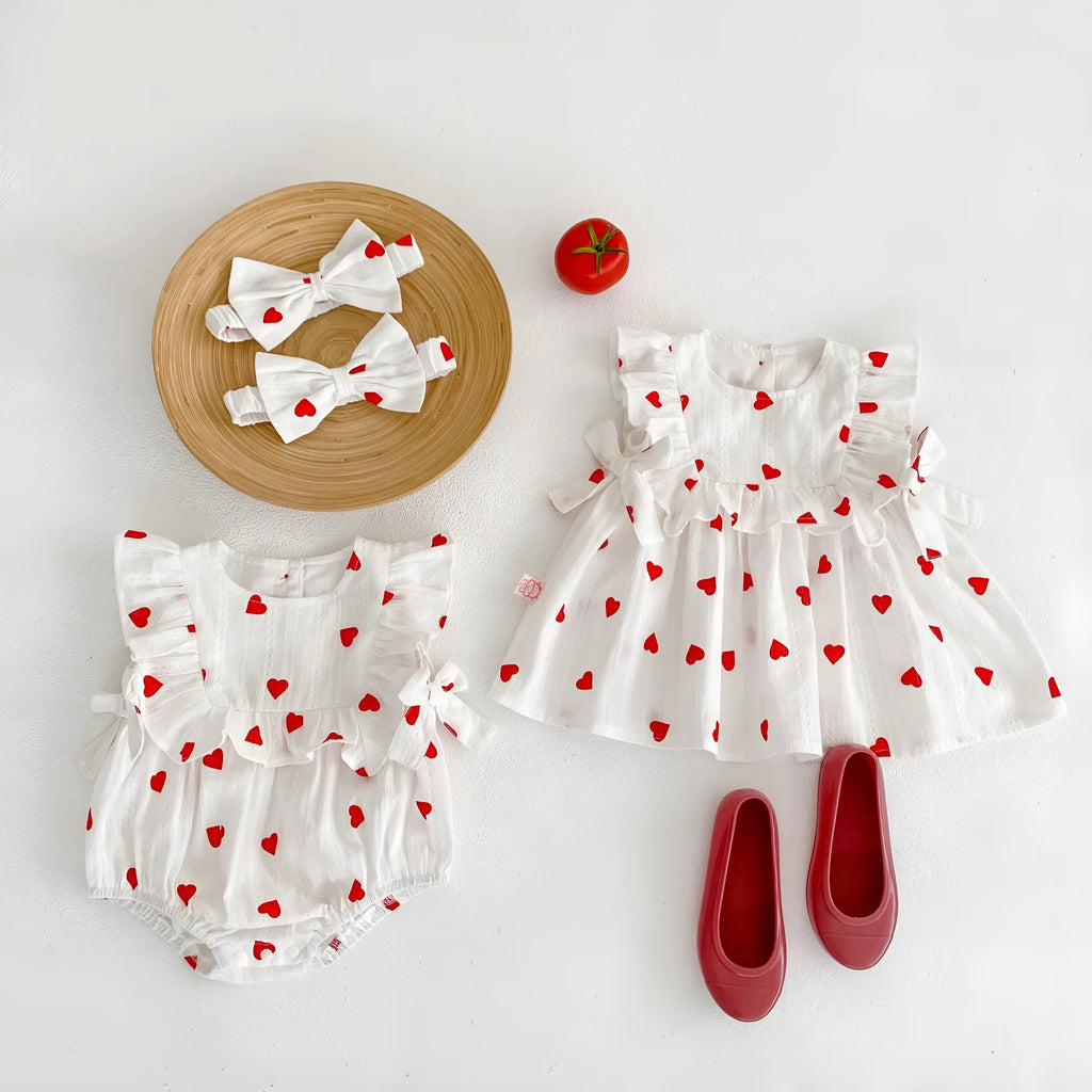 Cotton baby girl romper in Love print, pullover onesie with short climb style, sizes 66cm to 100cm