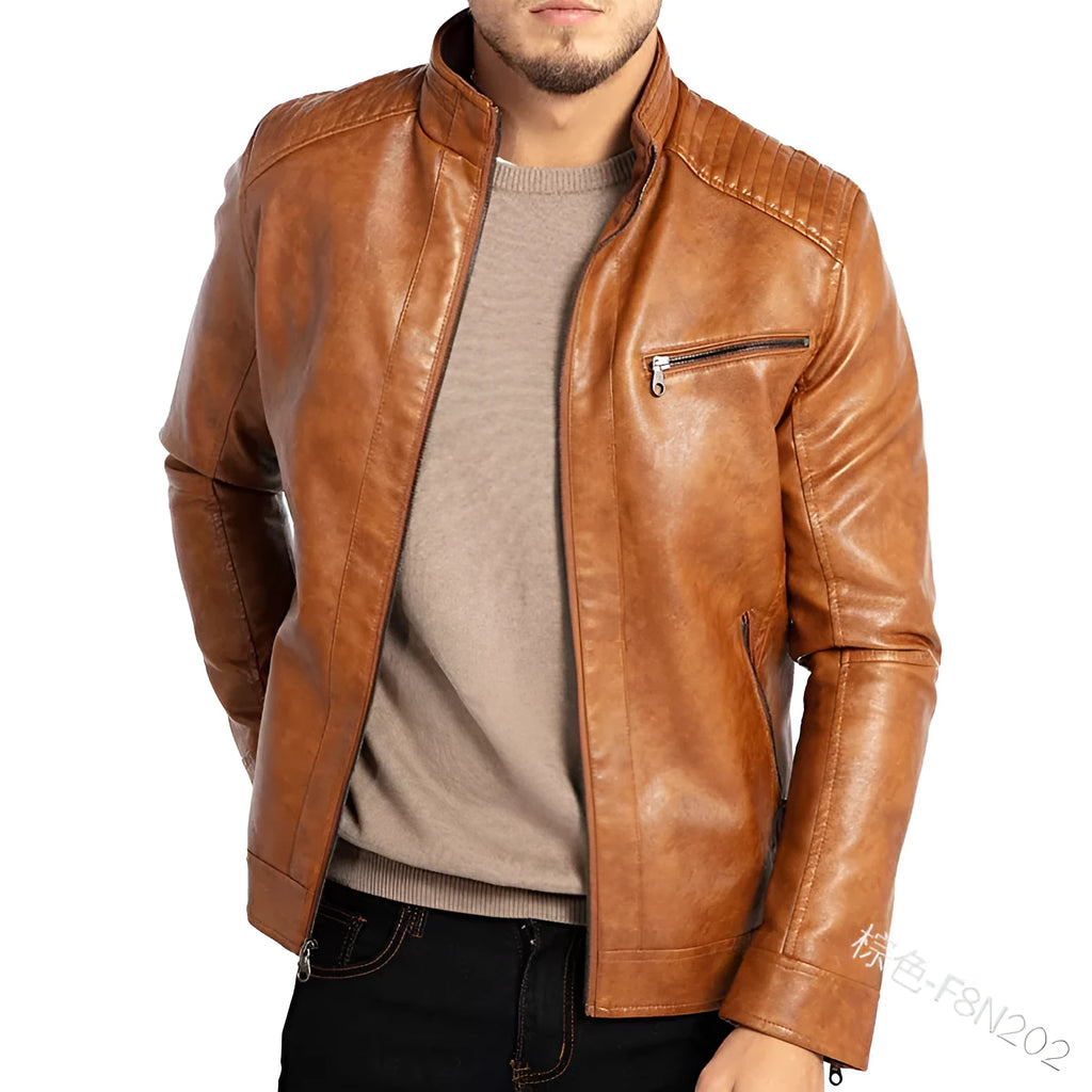 Men's brown artificial leather punk motorcycle jacket with stand collar and patch pocket