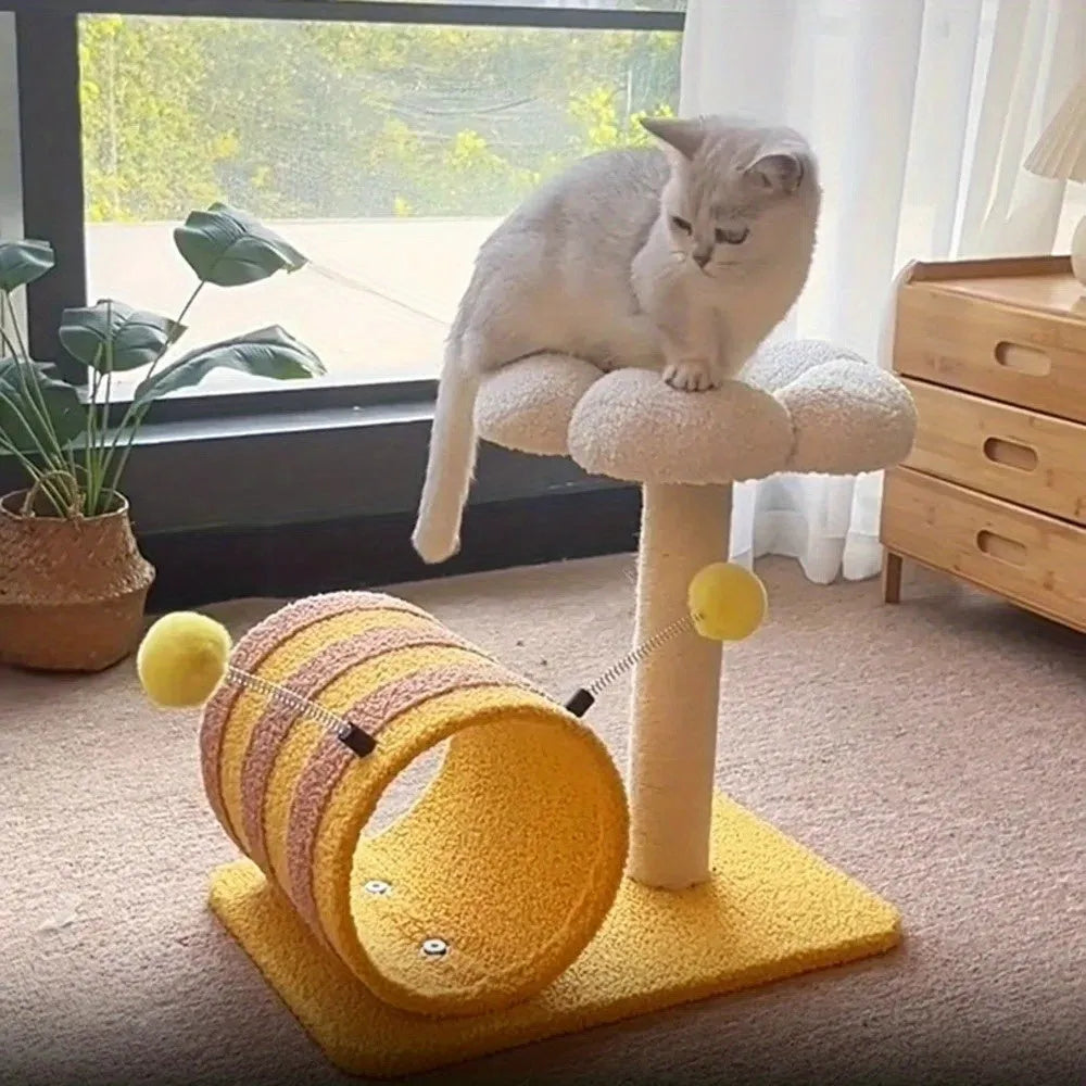 Yellow bee-shaped cat climbing frame with sisal scratching board and tunnel