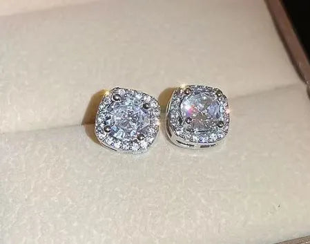 Square geometric earrings with diamond treatment finish in silver or gold colour options