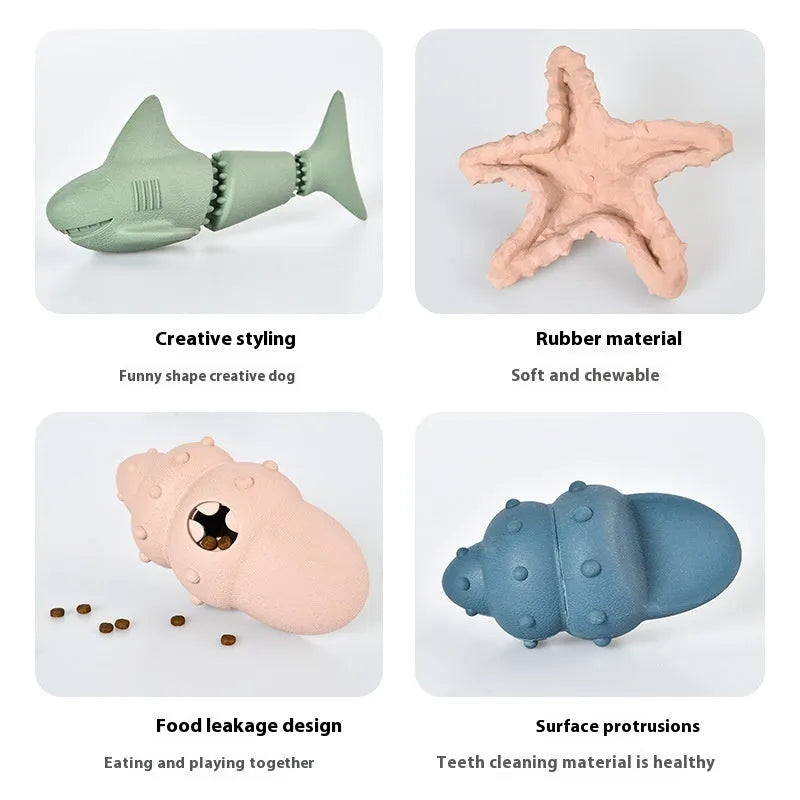 Rubber shark-shaped dog toy with ocean theme details in blue or green colour options