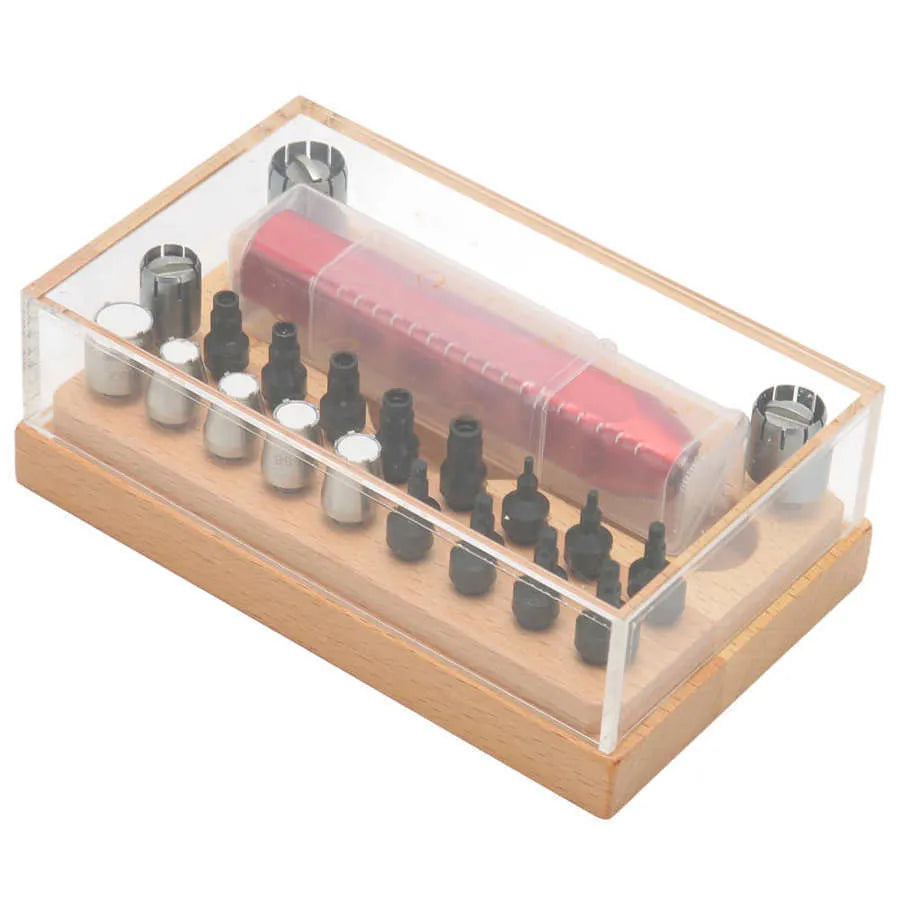 Set of 20 steel watch repair extracting tubes for opening watch cases on a repair mat.