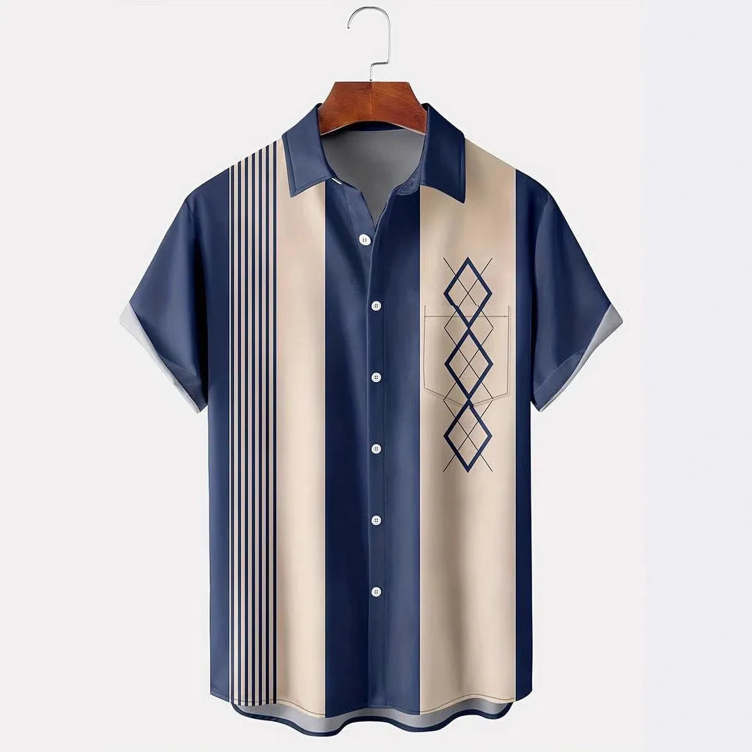 Man wearing a loose fit, short sleeve plaid cardigan shirt with a lapel collar.