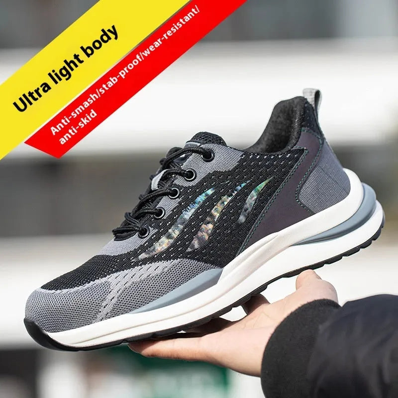 Men's black grey insulated electrician safety shoes with plastic toe, microfiber leather and flyknit mesh upper, PU sole