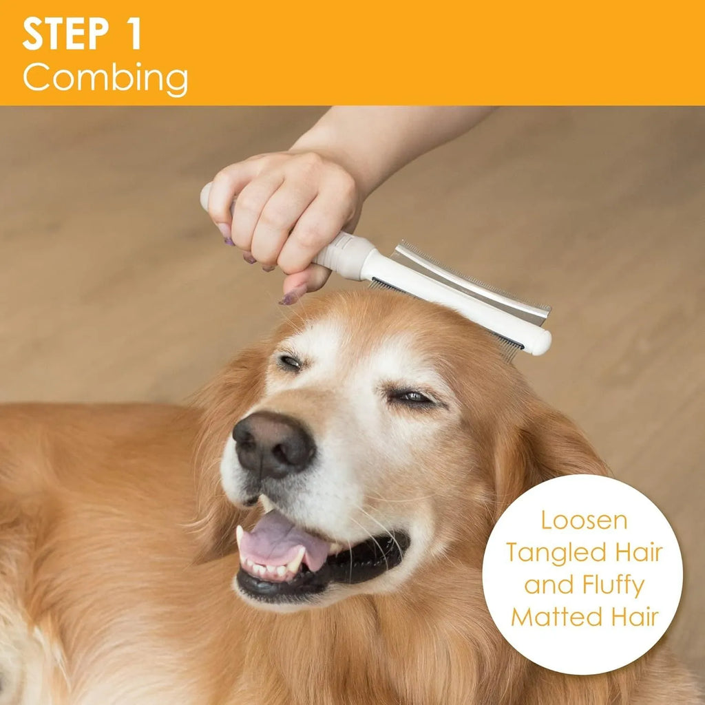 White 2 in 1 dog and cat deshedding brush with double-sided head and ergonomic handle.