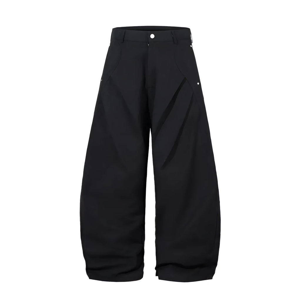 Men's black pleated machete casual trousers with loose-fitting wide-leg design