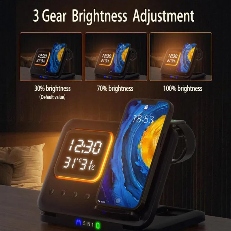 Black and white 15W wireless charging stand with LED digital display showing time, humidity and temperature readings