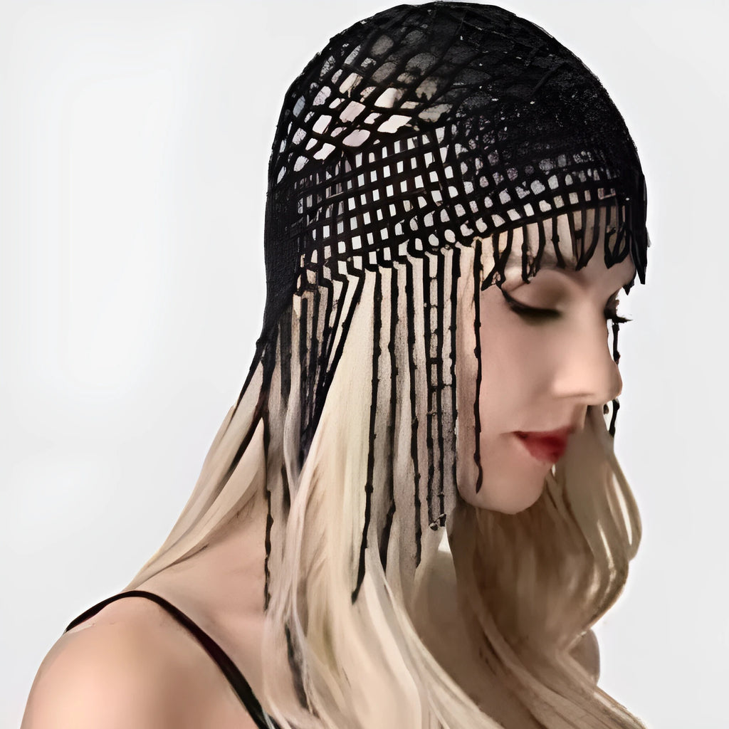 Belly dance hat with handmade beaded alloy construction and decorative tassels
