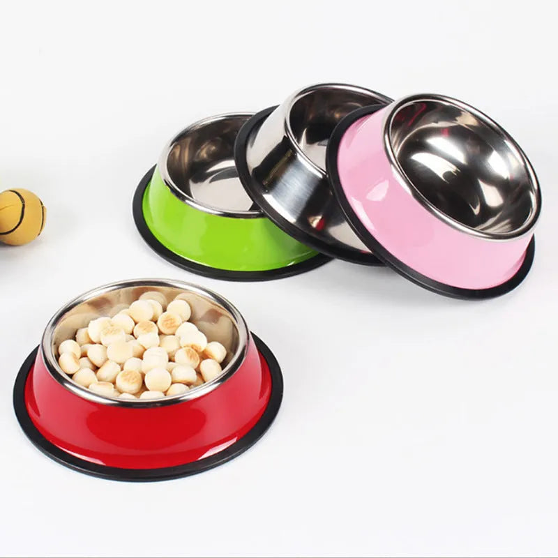 Dual-use stainless steel pet bowl with colourful melamine exterior and non-slip rubber base