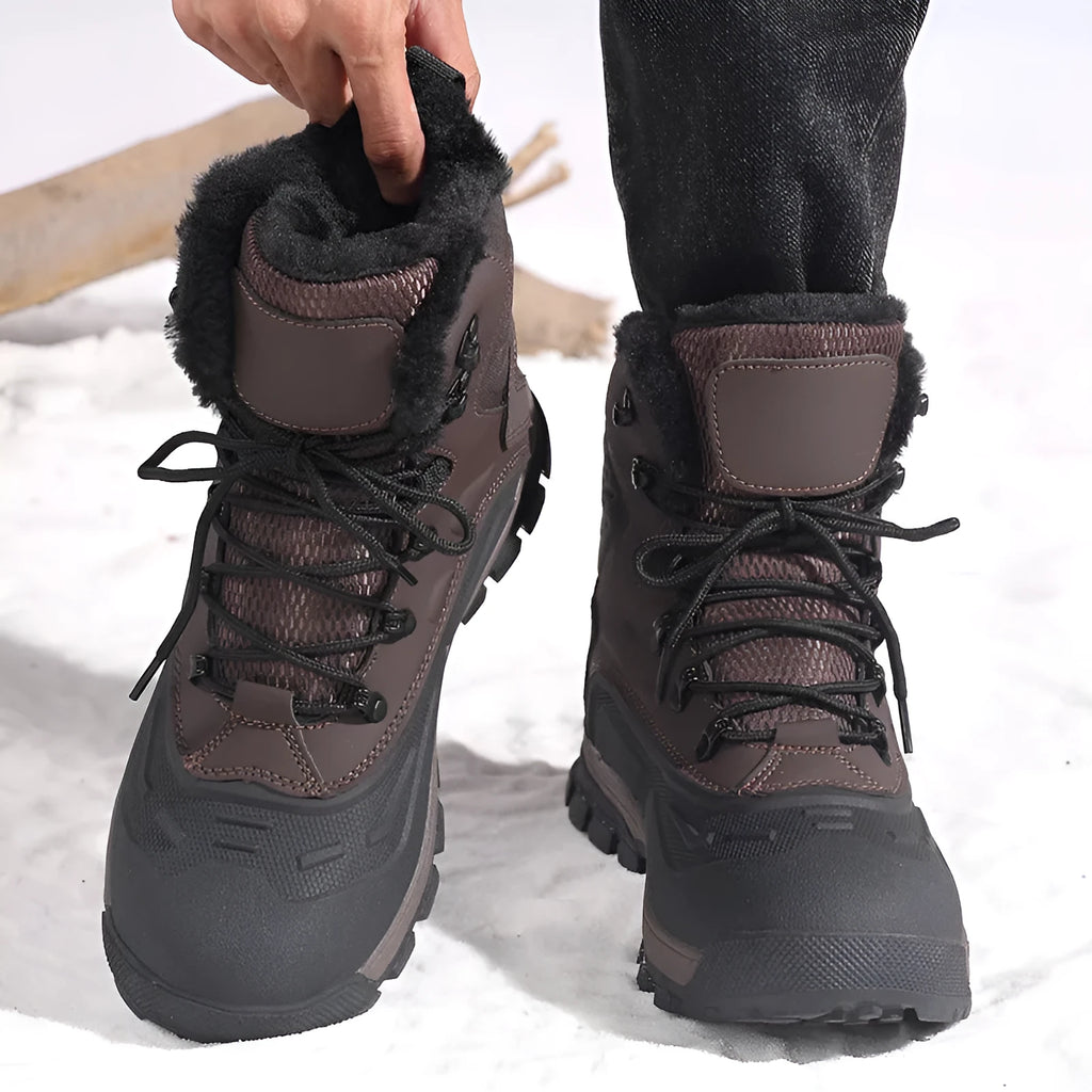 Men's black high-top lace-up boots with fleece lining, shown in plus sizes.