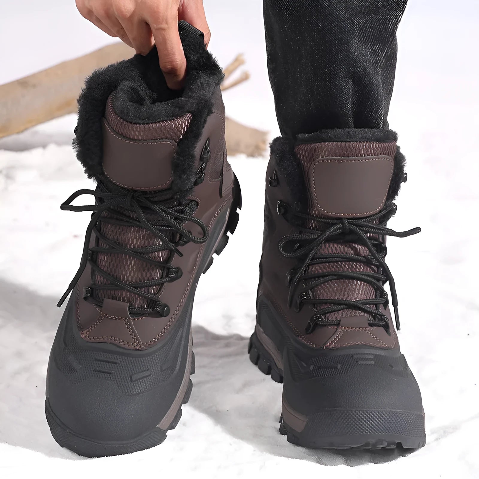 Men's black high-top lace-up boots with fleece lining, shown in plus sizes.