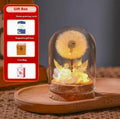 Glass dandelion-shaped night light ornament glowing with a soft LED light in a gradient colour.