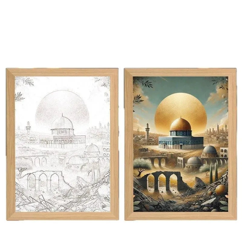 Modern rectangular LED light painting picture frame with illuminated decorative design on wall