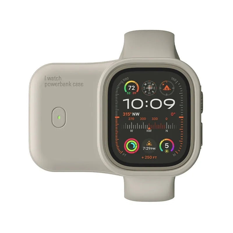 Apple Watch portable charging case with silicone protective cover in brown, midnight blue, or starlight colours