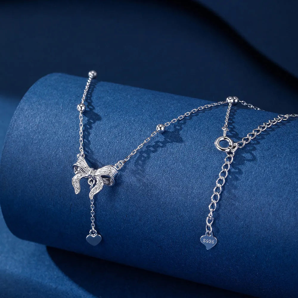 S925 silver heart butterfly clavicle chain necklace with bow pendant